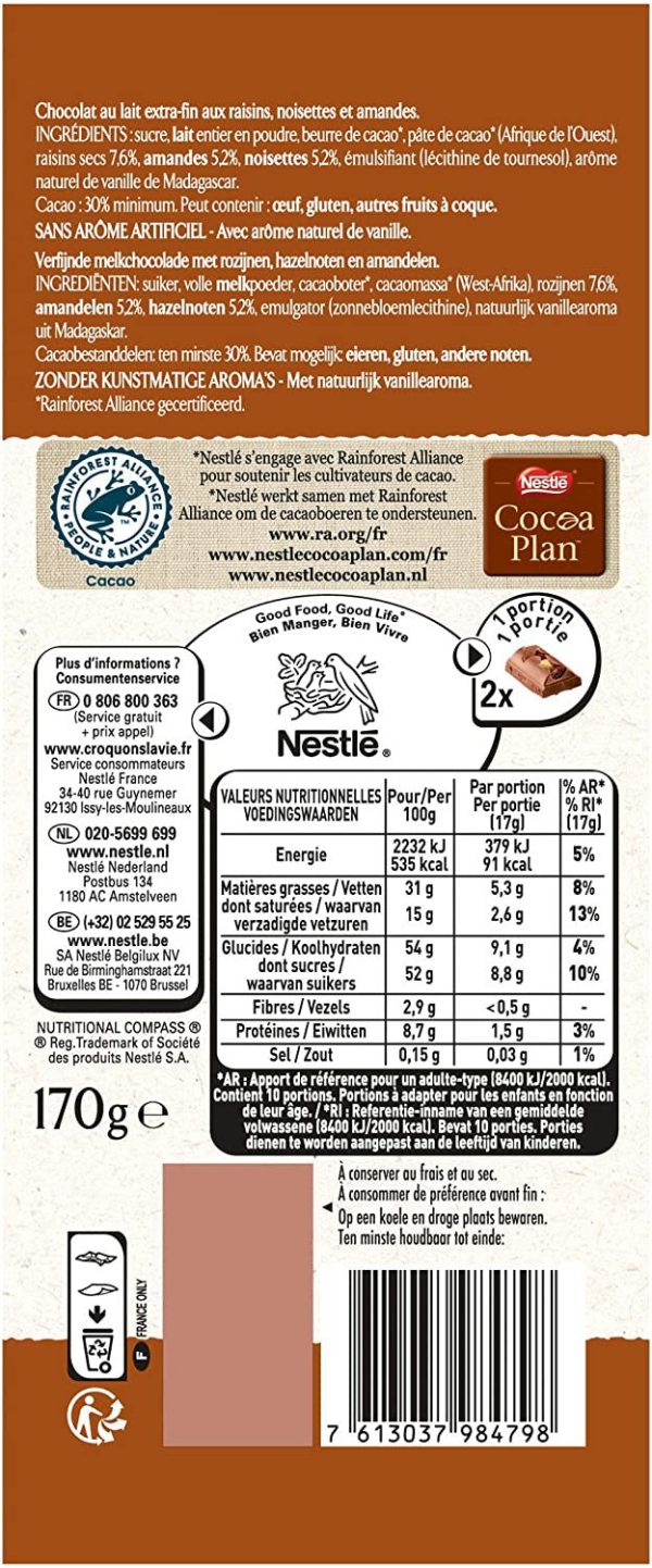 Nestlé las recetas del taller - Chocolate con leche, uvas, avellanas, almendras - Tableta 170 g Embalaje Deteriorado For Sale